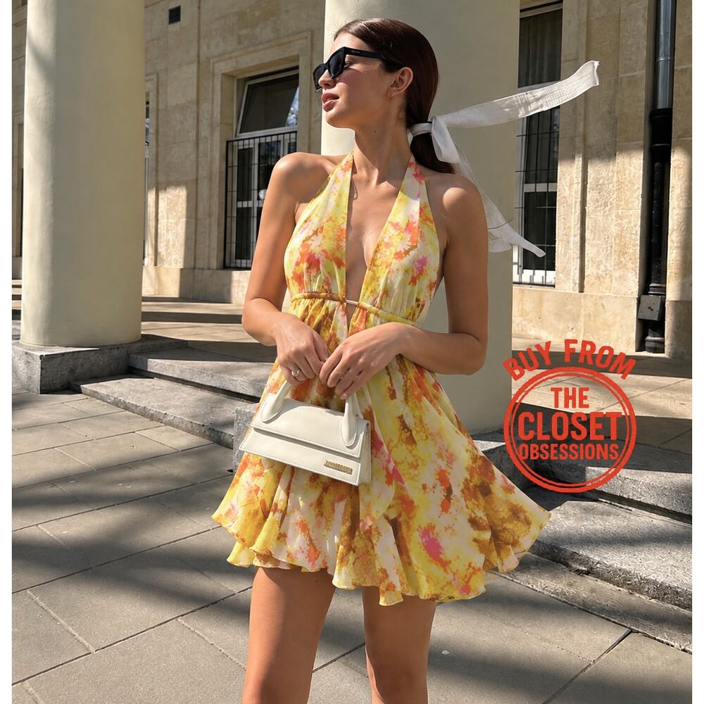 ZARA Yellow Floral Halter Mini Dress Open Back Resort Vacation Sundress NWT - Picture 7 of 16